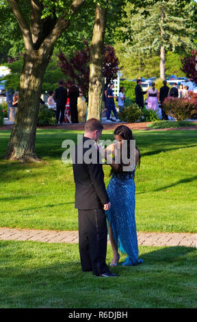 Westport, CT USA. Juin 2013. Jeune femme est l'épinglage prudemment sa date la boutonnière avant le bal. Banque D'Images
