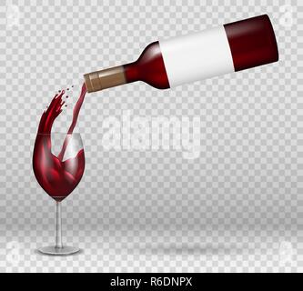 Bouteille de vin transparente et maquette de verre de vin avec réflexion. Liquide de vin rouge versé avec éclaboussures dans le verre isolé. Boisson alcoolisée avec gouttes Illustration de Vecteur