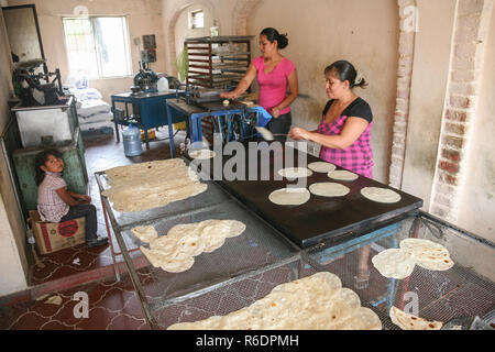 SAN JOSE DEL CABO, MEXIQUE - Mars 16, 2012 : Des femmes de faire des tortillas faites maison dans une petite boulangerie à San Jose del Cabo, Mexique Banque D'Images