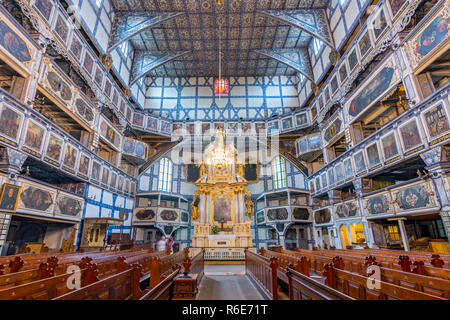 Intérieur de l'Église protestante en bois magnifiquement décoré de la Paix à Jawor, du patrimoine culturel mondial de l'Unesco, Pologne Banque D'Images