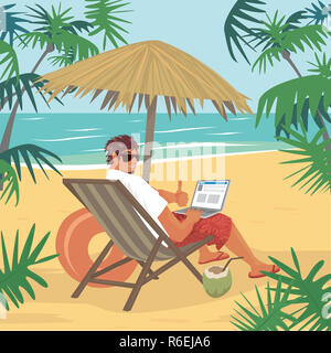 Happy man sitting with laptop on beach Banque D'Images