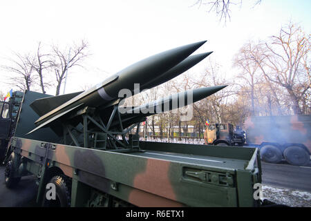 Bucarest, Roumanie - décembre 1, 2018 : HAWK missile sol-air (SAM) au niveau de la parade militaire de la fête nationale roumaine Banque D'Images