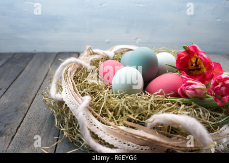 Les oeufs de Pâques colorés décorées dans un nid Banque D'Images