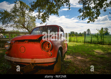 Ancienne petite voiture rouge sous l'arbre dans la campagne Banque D'Images