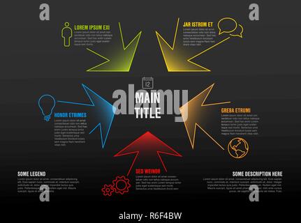 Fine ligne modèle infographies colorées avec des flèches indiquant le centre - version sombre Illustration de Vecteur