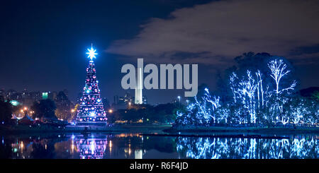 Arbre de Noël et des arbres dans le parc Ibirapuera de nuit en décembre à Sao Paulo, Brésil. Banque D'Images