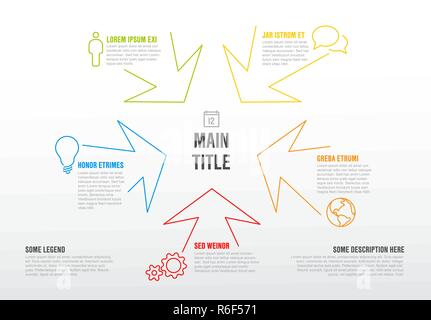 Fine ligne modèle infographies colorées avec des flèches indiquant le centre Illustration de Vecteur