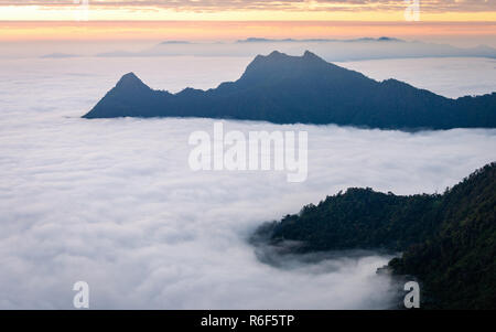 Vue aérienne matin de brouillard blanc couvrir tous les domaine de la montagne et colline de Phu Chi Fa forêt tropicale de Chiang Rai, Thaïlande. Banque D'Images