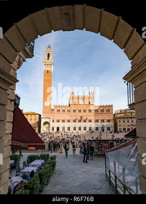 Vue verticale de la Piazza del Campo et la Torre del Mangia à Sienne, Italie.