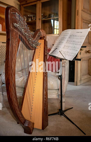 Horizontal Vertical Square portrait d'une harpe et de partitions de musique. Banque D'Images