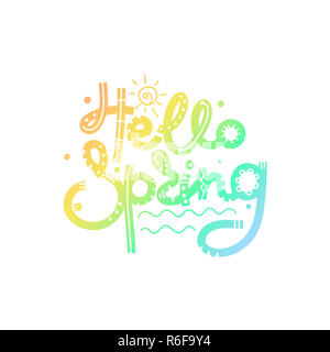 Bonjour Printemps. Lettrage dessiné à la main créative de gradient. Style de Freehand. Doodle. Des lettres avec l'ornement. Printemps Banque D'Images