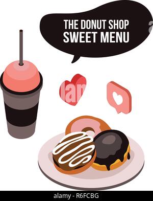 La nourriture délicieuse tasse de thé café et desserts donut Vector illustration isométrique Illustration de Vecteur