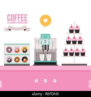 Les desserts sucrés délicieux donuts Cupcakes machine à café sur le tableau rose Vector illustration Illustration de Vecteur