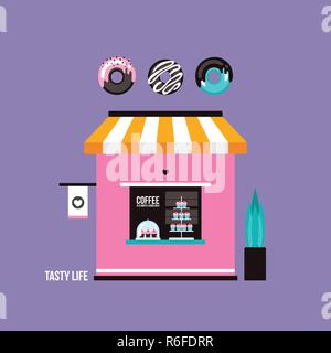 Bakery Café place pour acheter de délicieux desserts muffins Cupcakes donuts colorés mignon petit café la façade de l'immeuble vue avant vector illustration Illustration de Vecteur