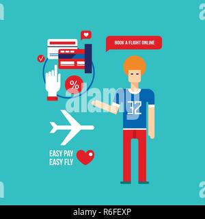 Réservation de vol en ligne paiement mobile facile Tourisme Voyage Vacances Vector illustration Illustration de Vecteur