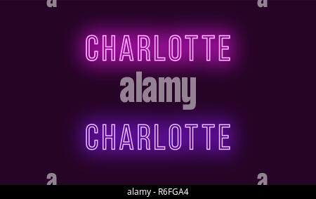 Nom de néon Charlotte city aux USA. Le texte vectoriel de Charlotte, inscription au néon avec rétro-éclairage en style léger, pourpre et violet couleurs. Glowin isolés Illustration de Vecteur