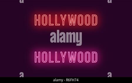 Nom de néon district de Hollywood à Los Angeles. Le texte vectoriel de Hollywood, inscription au néon avec rétro-éclairage en style léger, les couleurs rouge et rose. Isolé Illustration de Vecteur