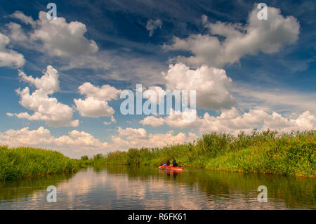 Famille dans un canot sur le Parc National de la rivière Biebrza, Pologne Banque D'Images