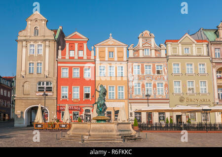 Façades de maisons anciennes et de Neptune Monument Place Du Vieux Marché à Poznan, Pologne Banque D'Images