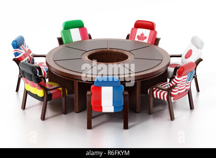 G7 drapeaux debout autour de la table ronde. 3D illustration. Banque D'Images
