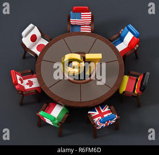 G7 drapeaux debout autour de la table ronde. 3D illustration. Banque D'Images