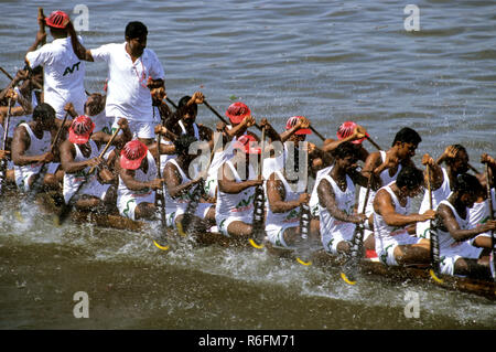 Les hommes participant à la course de bateau Nehru Festivals, l'ONAM Snake Boat Race, Alappuzha, Kerala, Inde Banque D'Images