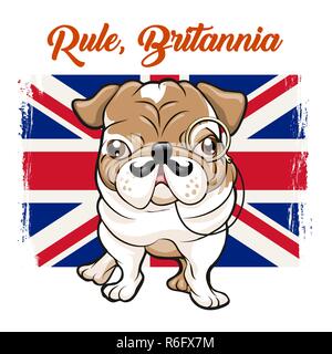 Funny bulldog Anglais avec moustaches et monokle sur Grande-bretagne drapeau et devise Rule Britannia. vector illustration. Illustration de Vecteur