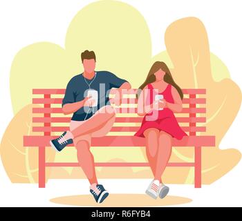 L'homme et la jeune fille assise sur un banc. Girl utilise un téléphone mobile. L'homme à l'écoute de la musique. Banc de parc Vector Illustration Illustration de Vecteur