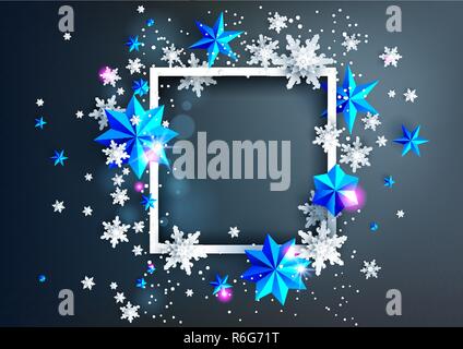 Cadre réaliste avec place pour le texte modèle. Cireur hiver déco sur fond sombre avec des flocons et des étoiles Illustration de Vecteur