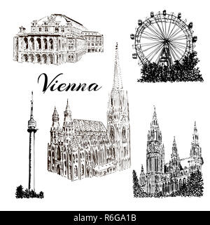 Ensemble de symboles Vienne Vector hand drawn illustration croquis stylo encre. Donauturm, Stephansdom, Rathaus, Prater Banque D'Images