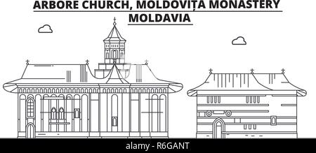 Moldavie - Arbore, église du monastère Moldovita billet célèbre de la ville, panorama, vecteur. Moldavie - Arbore, église du monastère Moldovita illustration linéaire Illustration de Vecteur