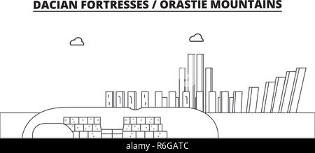 Roumanie - Forteresses daces des monts Orastie, célèbre monument de voyage skyline, panorama, vecteur. Roumanie - Forteresses daces des monts Orastie, illustration linéaire Illustration de Vecteur