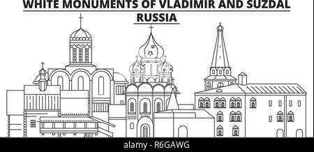 Russie - Blanc Monuments de Vladimir et de Souzdal billet célèbre de la ville, panorama, vecteur. Russie - Blanc Monuments de Vladimir et de Souzdal illustration linéaire Illustration de Vecteur