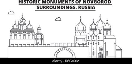 - La Russie Novgorod billet célèbre de la ville, panorama, vecteur. Russie Novgorod - illustration linéaire Illustration de Vecteur