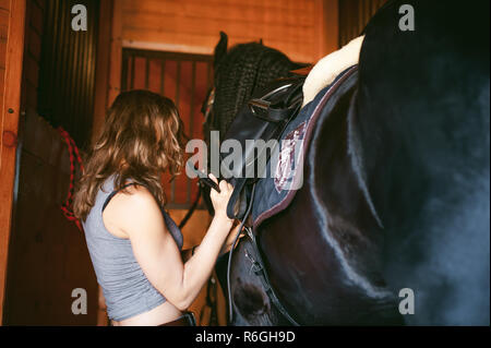 Femme porte une selle de cheval Cheval frison dans les écuries de la ferme, en prenant soin d'animaux de race pure Banque D'Images