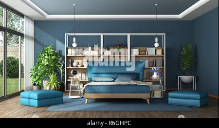 Chambre de maître en bleu une élégante villa moderne avec lit double - 3D Rendering Banque D'Images
