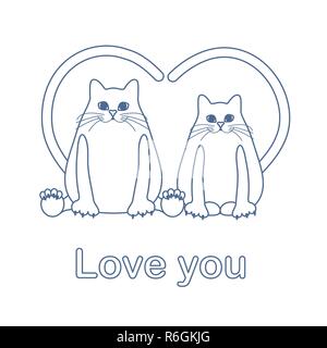 Vector illustration de deux chats avec des queues en forme de coeur. L'amour, romantique concept. Happy Valentine's Day. Pour la conception de carte de vœux, carte de parti, bannière, Illustration de Vecteur