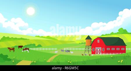 Paysage d'été ferme colorées, bleu ciel clair avec Sun, red barn Illustration de Vecteur