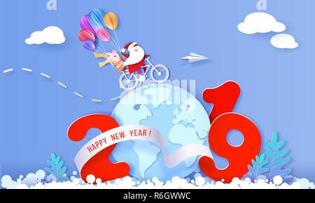 Carte de Nouvel An 2019. Le Père Noël et funny pig le vélo sur globe Terre sur fond bleu. Coupe papier vecteur illustration de l'art pour la promotion des bannières, des en-têtes, des affiches, des autocollants Illustration de Vecteur