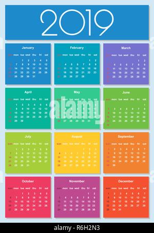 L'année 2019 du calendrier. Haut en couleur. Modèle vectoriel simple Illustration de Vecteur