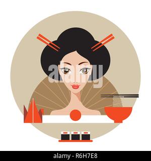 Belle bannière Voyage au Japon avec l'Origami et les nouilles Geisha Sushi Vector illustration Illustration de Vecteur