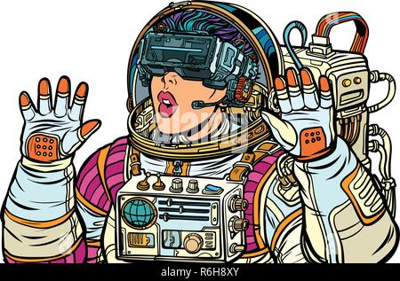 Surpris femme astronaute en lunettes de réalité virtuelle. Isoler sur fond blanc. Pop art retro illustration vectorielle. Les filles 80s Illustration de Vecteur