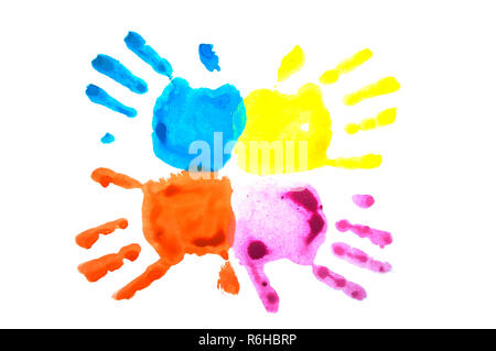 L'enfant rose et bleu handprints isolé sur blanc. Banque D'Images