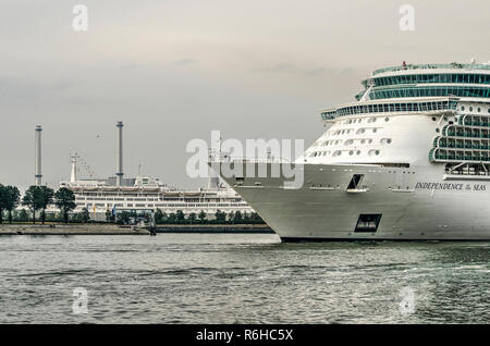 Rotterdam, Pays-Bas, le 29 août 2018 : Cruise ship Indepence des mers passe le quartier de Katendrecht, où l'ancien bateau de croisière SS Ro Banque D'Images