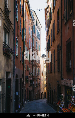 Gênes, Italie - 30 octobre 2016 : vue sur une rue étroite de Gênes, l'une des plus grandes villes sur la mer Méditerranée et le plus grand port de Banque D'Images