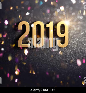 Bonne Année 2019 Date Numéro de couleur or, sur un fond noir, avec paillettes et confettis - 3D illustration Banque D'Images