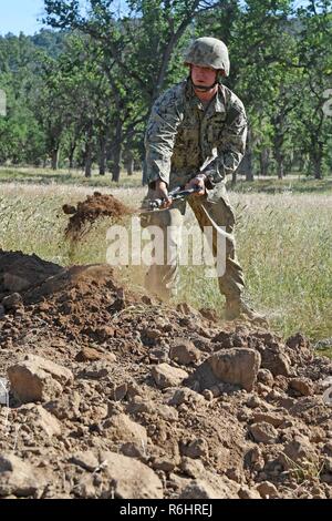 FORT HUNTER LIGGETT, Californie (13 mai 2017) - Construction Mécanicien 2e classe Nicholas Cazzoli, affectés à la construction navale (bataillon Mobile NMCB) 4, creuse une fosse de feu défensif pour l'un des secteurs de l'entreprise Alfa du feu pour base d'Anderson sur le terrain lors d'un entraînement à Fort Hunter Liggett, Californie, le 13 mai. La formation permet aux troupes à démontrer la manière d'engager les attaquants simulé à l'aide de la M4 et de fusils M16, le M240B et MK2 .mitrailleuses de calibre 50, et le lance-grenade MK19 à plus de 100 les évaluateurs du groupe de construction navale (NCG) 1 et de construction navale Tra Banque D'Images