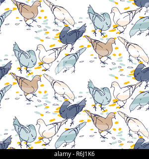Motif de fond transparent. Les pigeons à la main sur des silhouettes abstraites colorées des formes géométriques. Les oiseaux et les feuilles sur la grille hexagonale. Automne Automne mot Banque D'Images