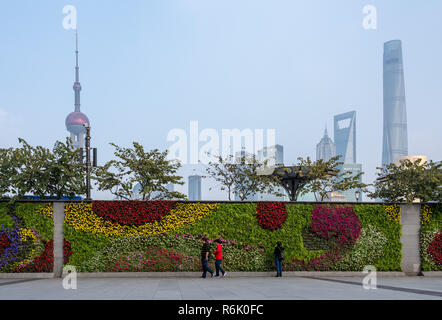 Mur Floral jardin avec le centre-ville de Shanghai skyline Banque D'Images