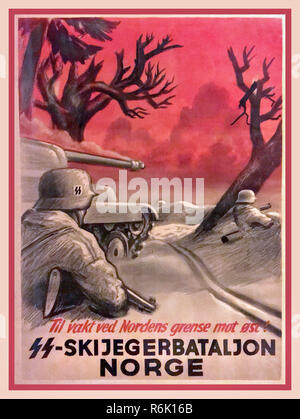 Vintage WW2 Norvège Norvégien Affiche de recrutement pour lutter contre les Waffen SS bataillon. "Til vakt ved Nordens grense mot øst ! "SS-Skijegerbataljon Norge' affiche de recrutement, pour un bataillon de combat Waffen-SS montrant les troupes SS et des chars sur le champ de bataille Banque D'Images